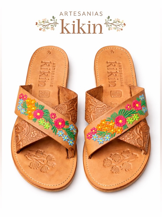 kinkin Shoes - Artisanas Kirin Embroidered Sandals Floral Boho Slide Leather Mexico Size 6.5